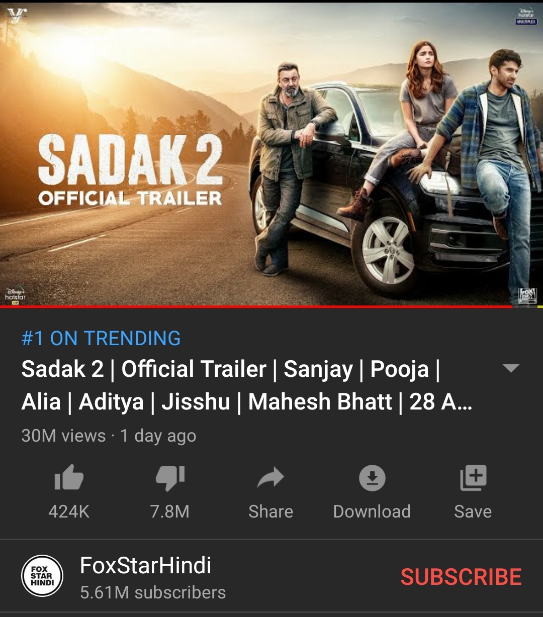 Sadak 2 Trailer dislike in Youtube
